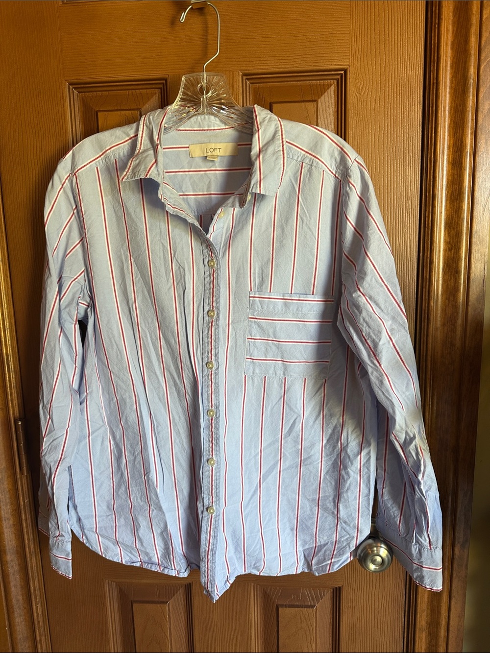 Women’s LOFT Light Blue Button-Down Shirt with Red/White Stripes, size Large